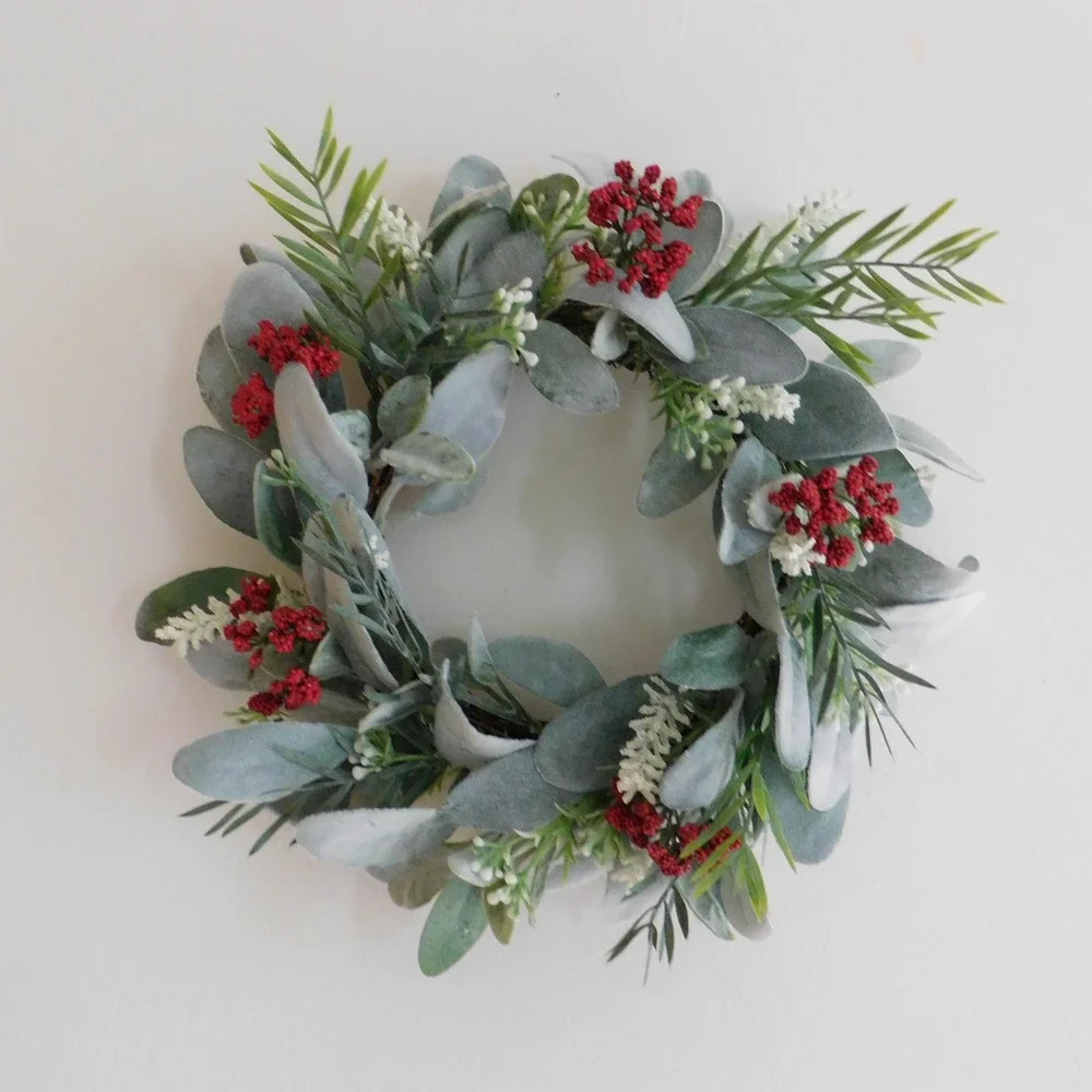 Christmas Wreath for Cabinet, Small Winter Lambs Ear Candle Ring